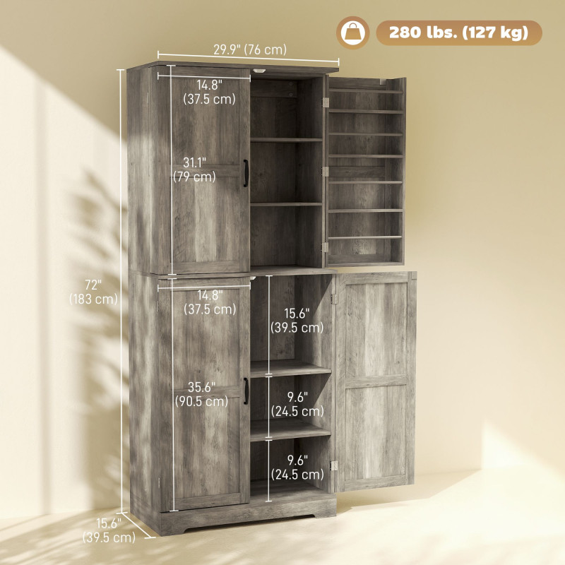 Farmhouse Kitchen Pantry Cabinet, Kitchen Cabinet with Barn Doors, Adjustable Shelves and Door Racks, Distressed Grey