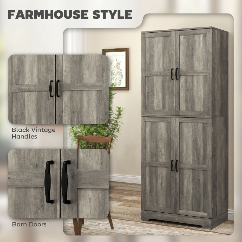 Farmhouse Kitchen Pantry Cabinet, Kitchen Cabinet with Barn Doors, Adjustable Shelves and Door Racks, Distressed Grey