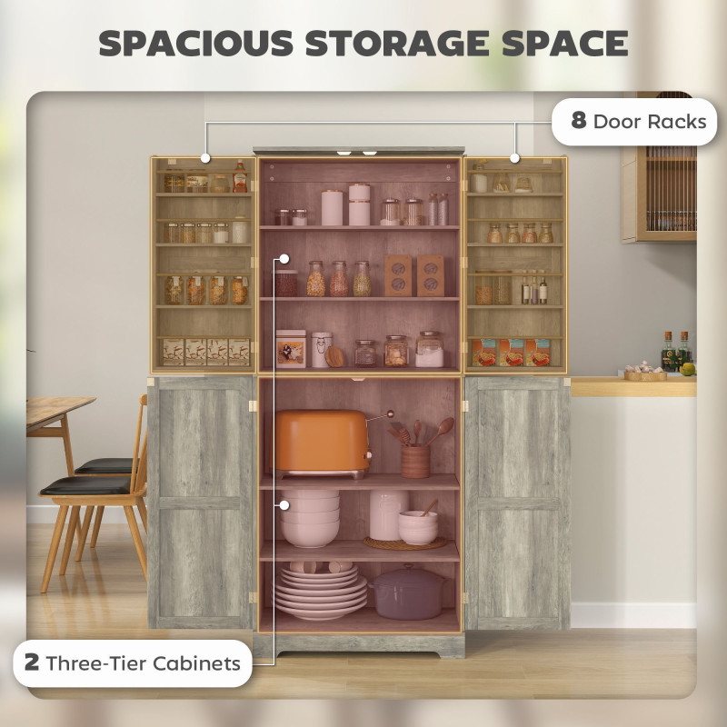 Farmhouse Kitchen Pantry Cabinet, Kitchen Cabinet with Barn Doors, Adjustable Shelves and Door Racks, Distressed Grey