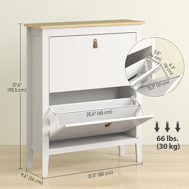 Narrow Shoe Cabinet with 2 Flip Drawers, Adjustable Shelves for Entryway, Holds 10-14 Pairs, White