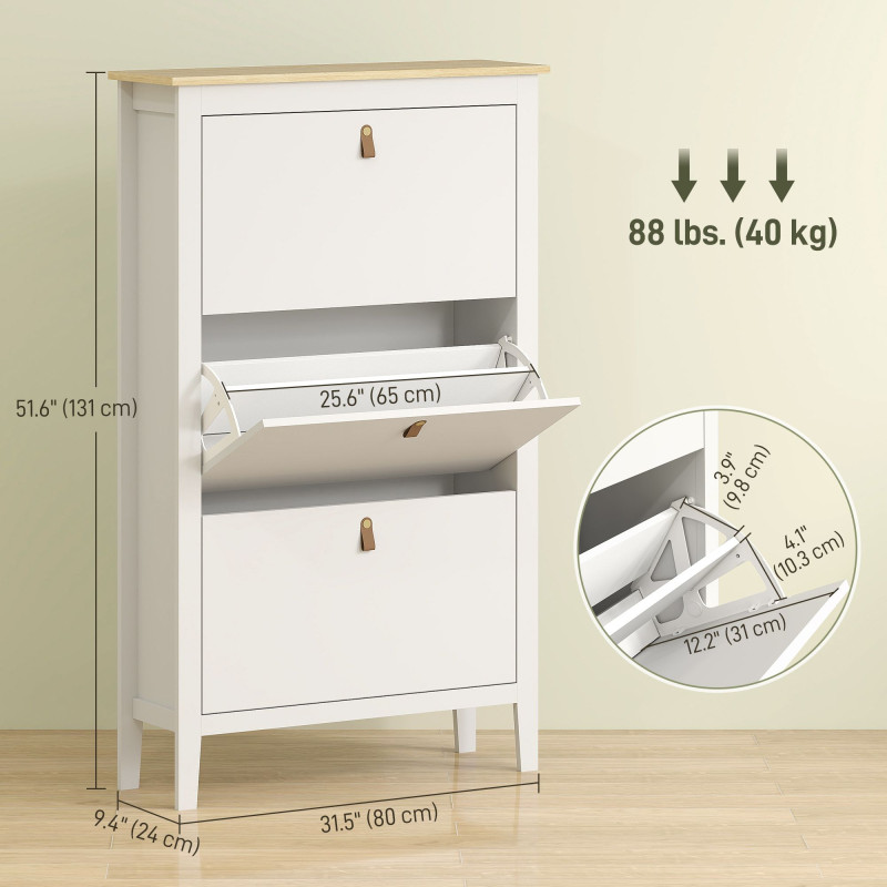 Narrow Shoe Cabinet with 3 Flip Drawers, Adjustable Shelves for Entryway, Holds 15-21 Pairs, White