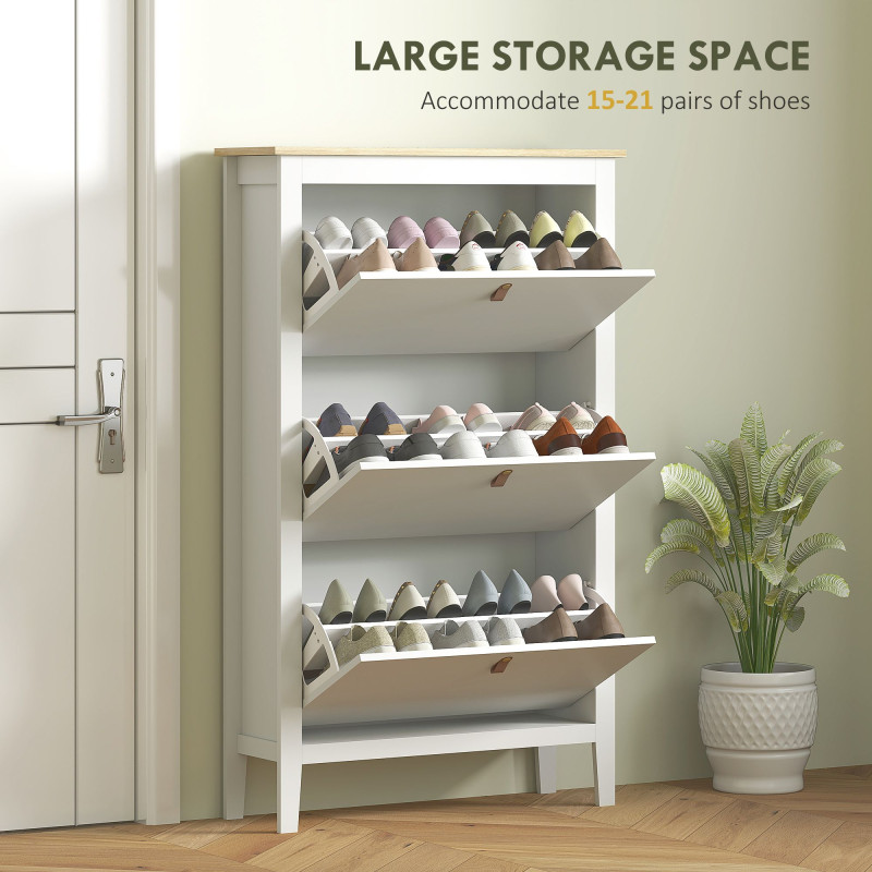 Narrow Shoe Cabinet with 3 Flip Drawers, Adjustable Shelves for Entryway, Holds 15-21 Pairs, White