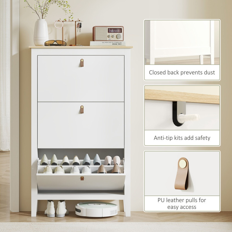 Narrow Shoe Cabinet with 3 Flip Drawers, Adjustable Shelves for Entryway, Holds 15-21 Pairs, White
