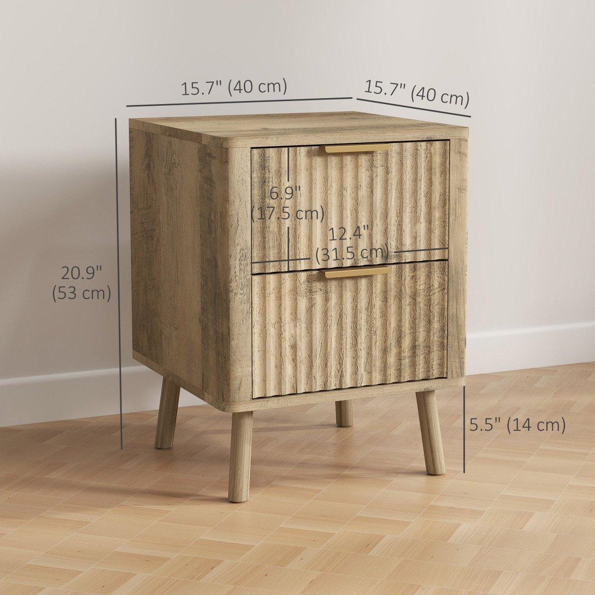 Night Stands Set of 2, Nightstands with Finger Pulls and Fluted Drawers, Bedside Tables with Round Edges, Oak