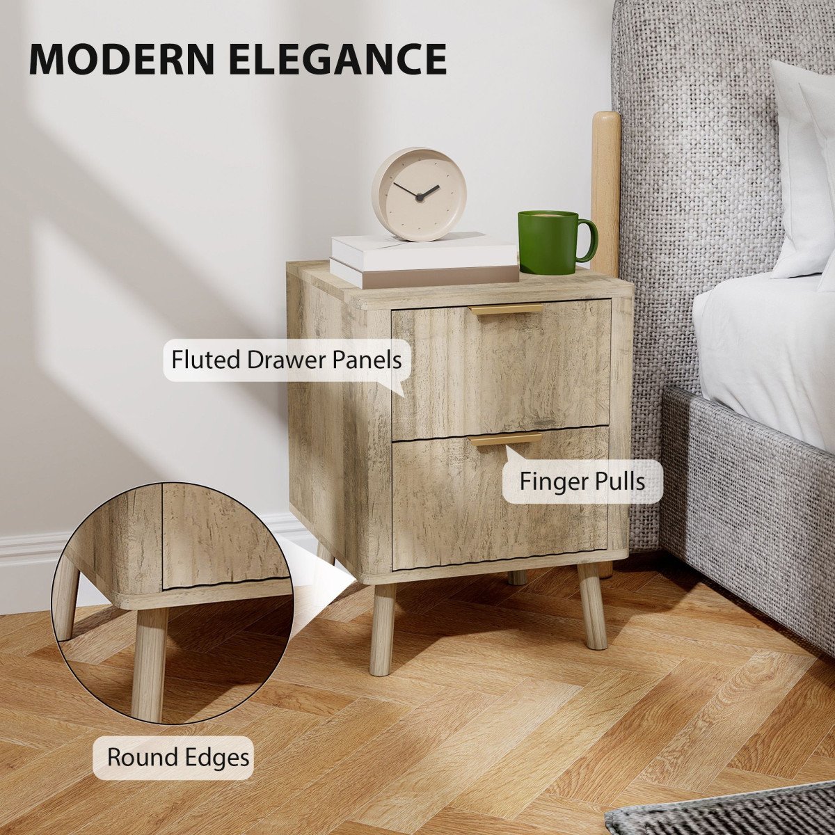 Night Stands Set of 2, Nightstands with Finger Pulls and Fluted Drawers, Bedside Tables with Round Edges, Oak