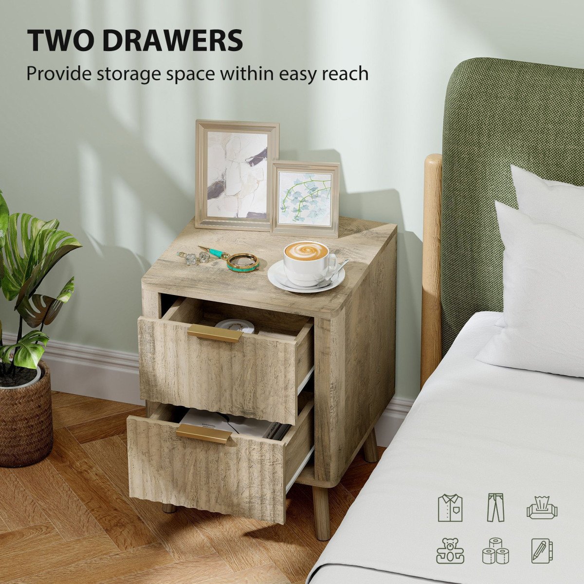 Night Stands Set of 2, Nightstands with Finger Pulls and Fluted Drawers, Bedside Tables with Round Edges, Oak