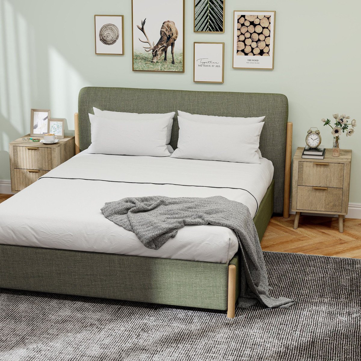 Night Stands Set of 2, Nightstands with Finger Pulls and Fluted Drawers, Bedside Tables with Round Edges, Oak