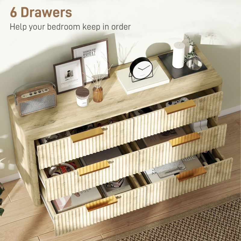 Fluted Chest of Drawers, Modern 6 Drawer Dresser with Pine Wood Legs, Finger Pulls for Closet, Living Room, Hallway, Oak
