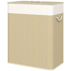 Double Laundry Basket with Lid, 100L Bamboo Laundry Hamper with Rope Handles and Removable Bags, Natural