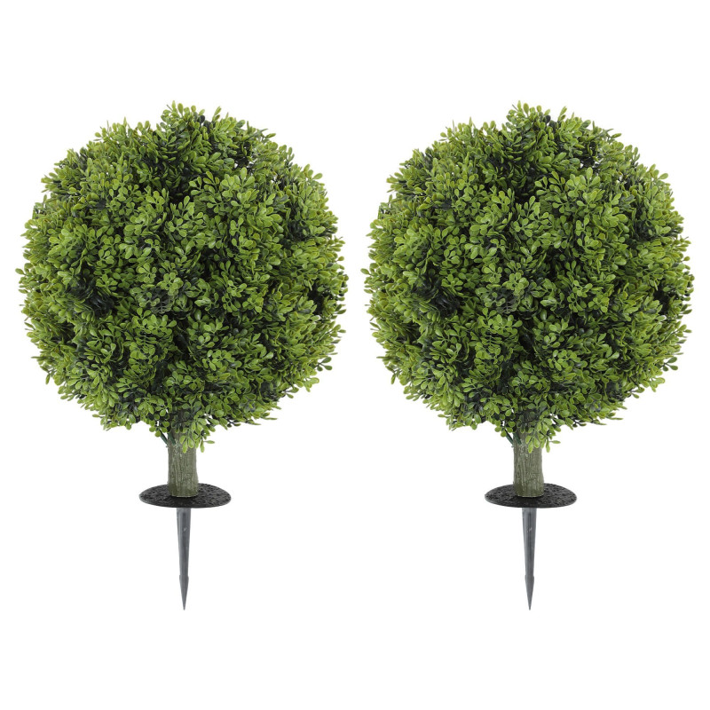 Artificial Boxwood Topiary Trees Set of 2 with Ground Stake, UV Resistant Fake Plants for Indoor Outdoor, Green