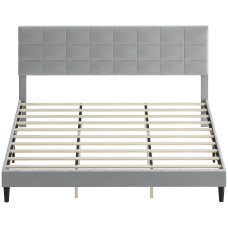 King Size Bed Frame with Upholstered Headboard, Modern Platform Bed Frame with Wood Slats, 1100 lbs Capacity, Grey