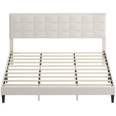 King Size Bed Frame with Upholstered Headboard, Modern Platform Bed Frame with Wood Slats, 1100 lbs Capacity, Cream White