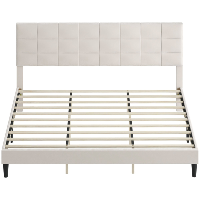 King Size Bed Frame with Upholstered Headboard, Modern Platform Bed Frame with Wood Slats, 1100 lbs Capacity, Cream White