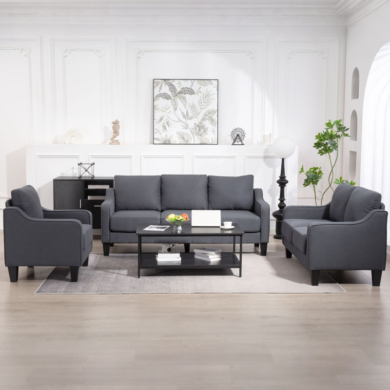 3 Seater Sofa, Modern Couch with Pocket Spring, Linen Upholstered, Thick Padded, Charcoal Grey