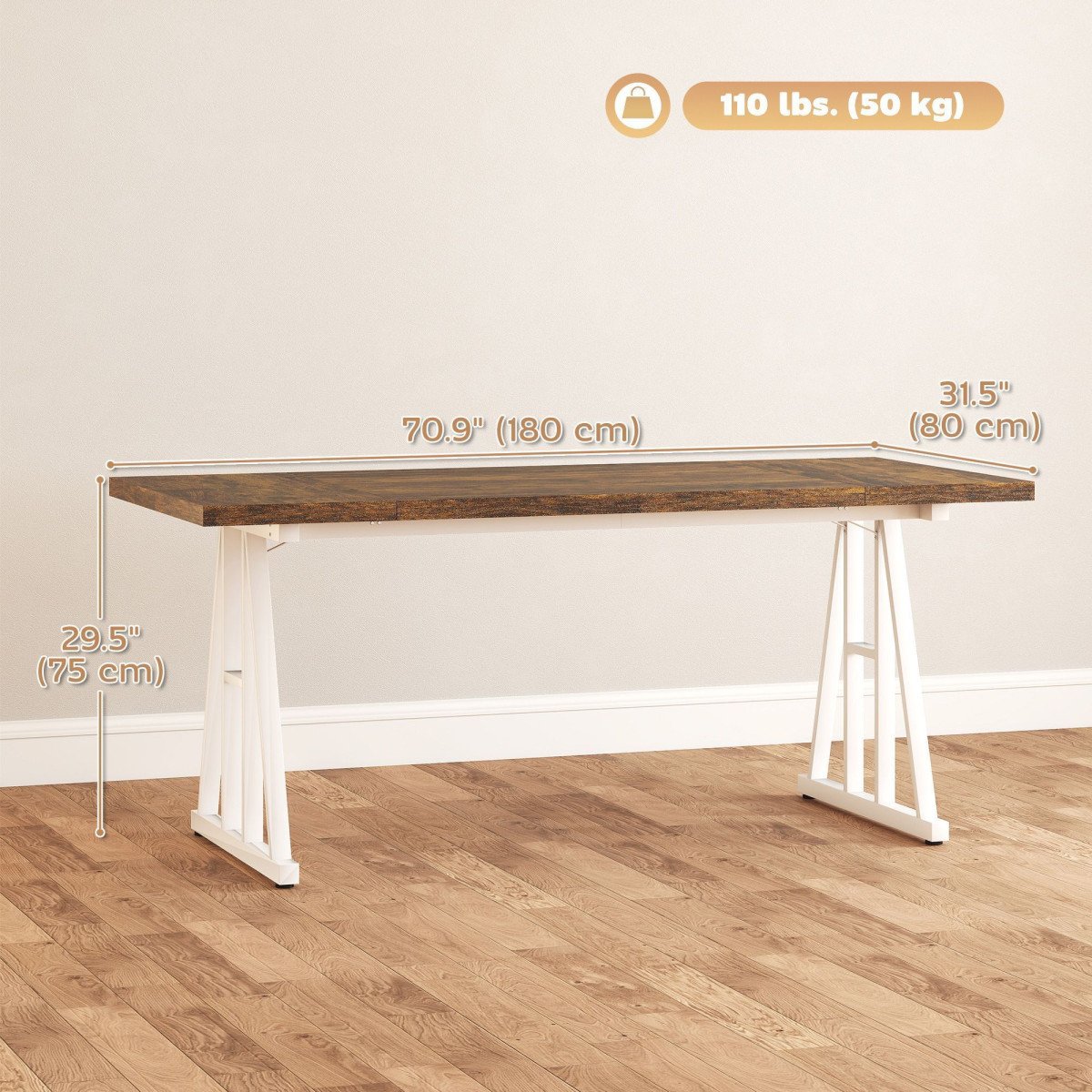 Farmhouse Kitchen Table for 8, Rectangular Dining Table with Thick Tabletop and Steel Trestle Legs, Brown and White