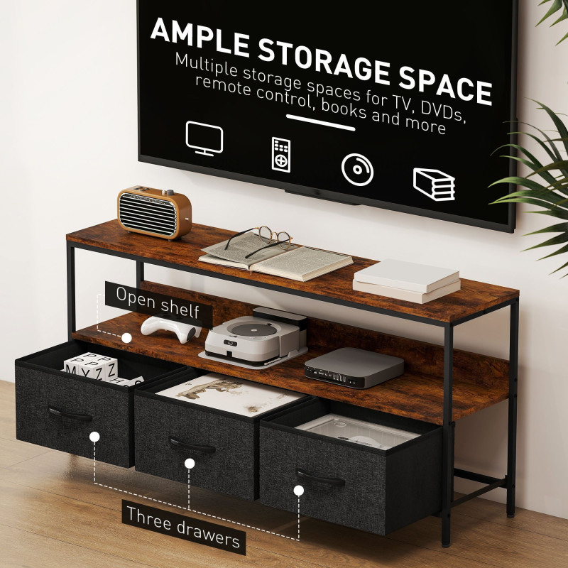 TV Stand with Charging Station, TV Table with 3 Foldable Linen Drawers and Open Shelf for 55 Inch Television, Rustic Brown
