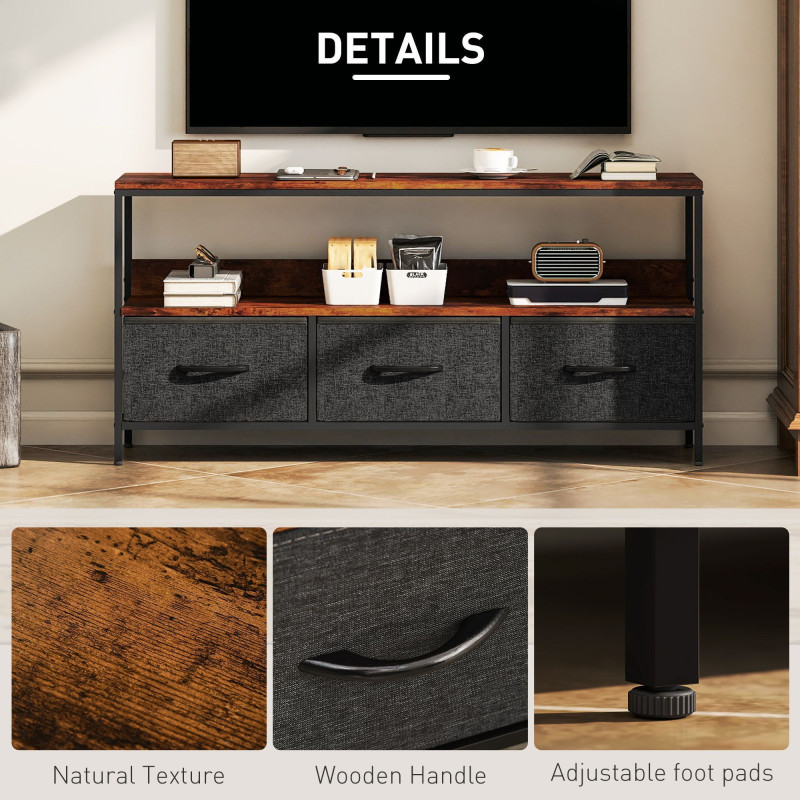 TV Stand with Charging Station, TV Table with 3 Foldable Linen Drawers and Open Shelf for 55 Inch Television, Rustic Brown