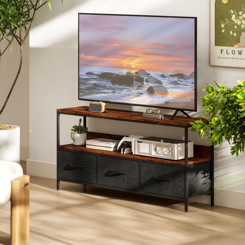 TV Stand with Charging Station, TV Table with 3 Foldable Linen Drawers and Open Shelf for 55 Inch Television, Rustic Brown