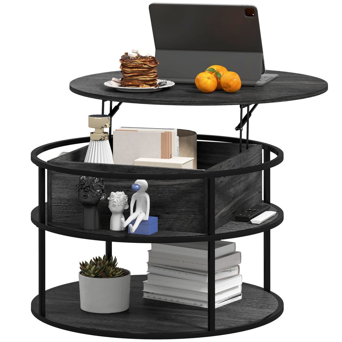 Lift Top Coffee Table, Round Coffee Table with Storage Shelf, Hidden Compartment and Steel Frame, Distressed Dark Grey