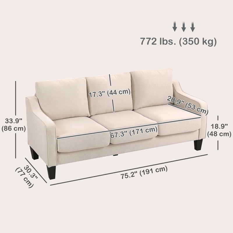 3 Seater Sofa, Modern Couch with Pocket Spring, Linen Upholstered, Thick Padded, Beige