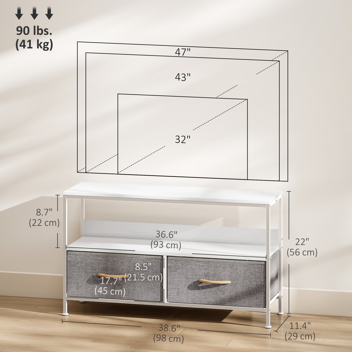TV Stand with Charging Station, TV Table with 2 Foldable Linen Drawers and Open Shelf for 47 Inch Television, White