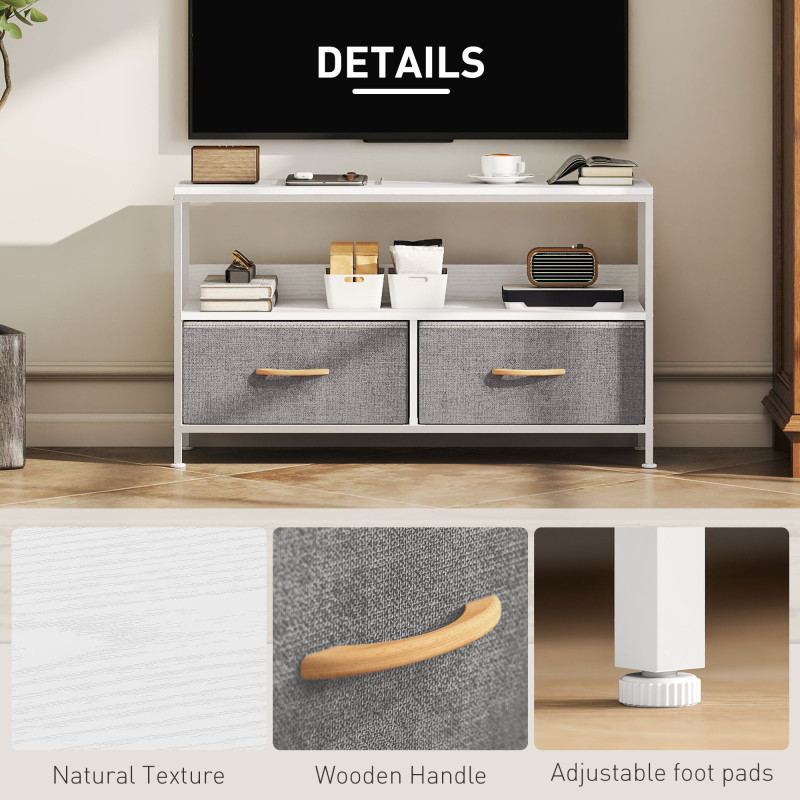 TV Stand with Charging Station, TV Table with 2 Foldable Linen Drawers and Open Shelf for 47 Inch Television, White