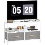 TV Stand with Charging Station, TV Table with 2 Foldable Linen Drawers and Open Shelf for 47 Inch Television, White
