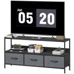 TV Stand with Charging Station, TV Table with 3 Foldable Linen Drawers and Open Shelf for 55 Inch Television, Black