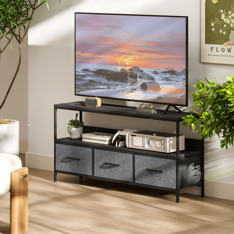 TV Stand with Charging Station, TV Table with 3 Foldable Linen Drawers and Open Shelf for 55 Inch Television, Black
