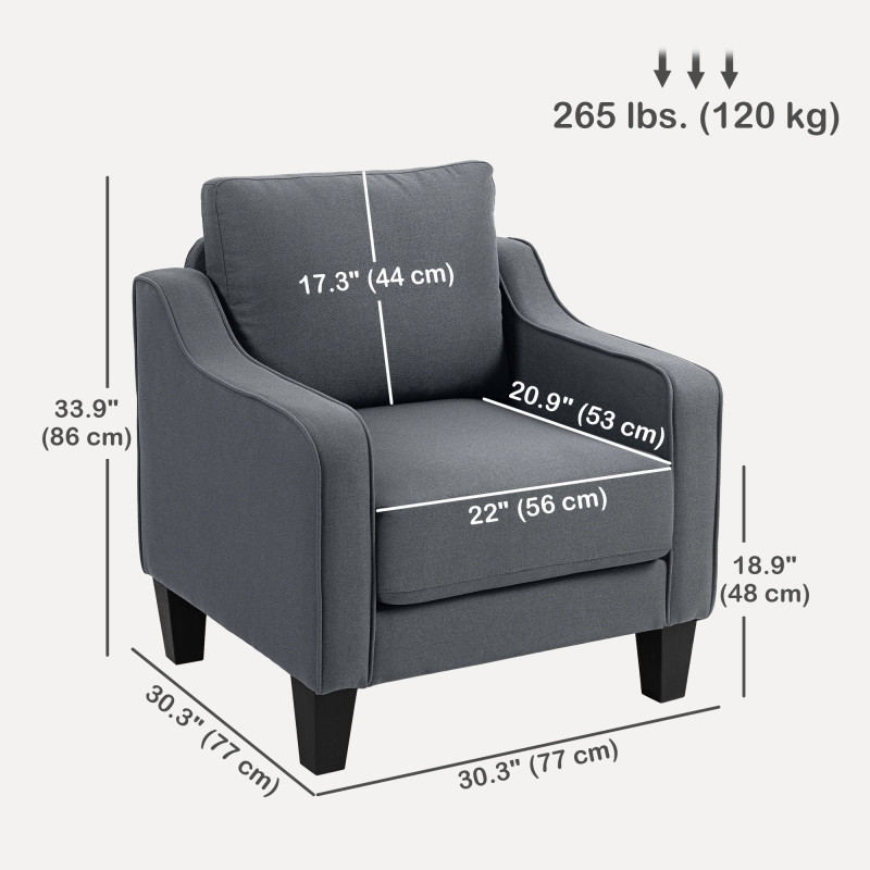 Armchair, Modern Accent Chair with Pocket Spring, Linen Upholstered, Thick Padded, Charcoal Grey