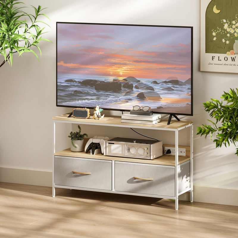 TV Stand with Charging Station, TV Table with 2 Foldable Linen Drawers and Open Shelf for 47 Inch TV, Oak