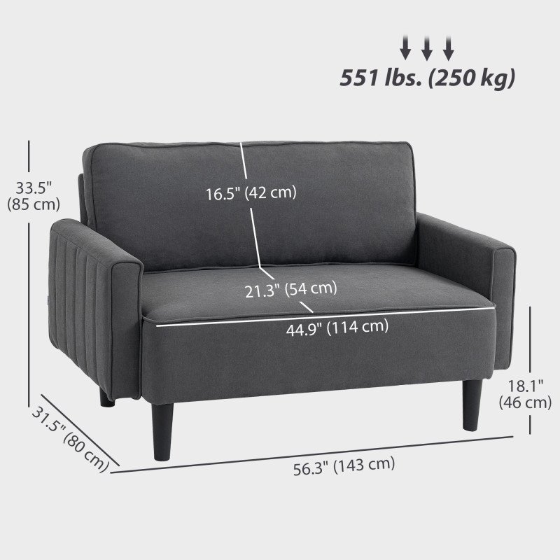 Loveseat Sofa, Linen 2 Seater Sofa Couch with Thick Padded Seat & Backrest for Living Room, Home Office, Dark Grey