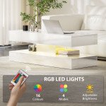 Coffee Table with Adjustable LED Lights, Modern Living Room Table with 2 Drawers, Open Shelf, Remote, High Gloss White