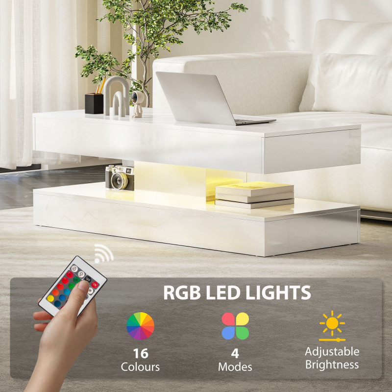 Coffee Table with Adjustable LED Lights, Modern Living Room Table with 2 Drawers, Open Shelf, Remote, High Gloss White