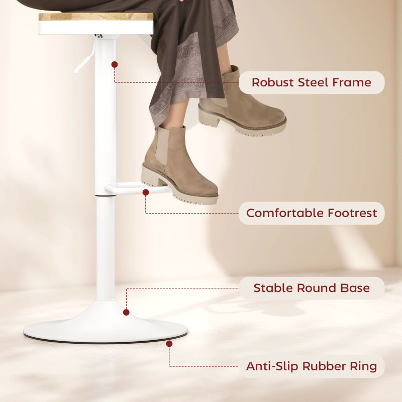 Wood Barstools Set of 2, Swivel Bar Stools with Adjustable Height for Kitchen Counter, Natural Wood and White