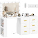 Vanity Desk with Mirror and 12 LED Lights, Makeup Table w/ Power Outlet, 3 Light Colour, 6 Drawers and 2 Shelves, White