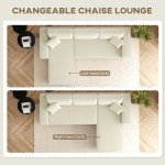 Corner Sofa with Changeable Chaise, Corduroy L-Shaped Sectional Sofa with Pocket Spring, 2 Pillows, Cream White