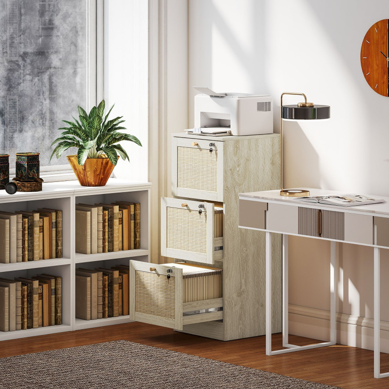 3 Drawer Filing Cabinet with Lock, Boho File Cabinet for A4 Letter Size Files with Decorative Rattan Accents, Oak