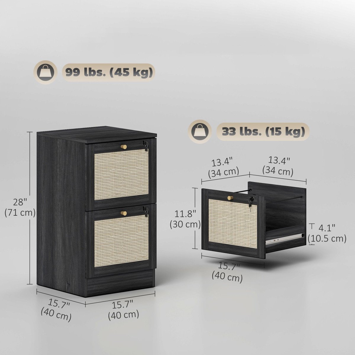 2 Drawer Filing Cabinet with Lock, Boho File Cabinet for A4 Letter Size Files with Decorative Rattan Accents, Black