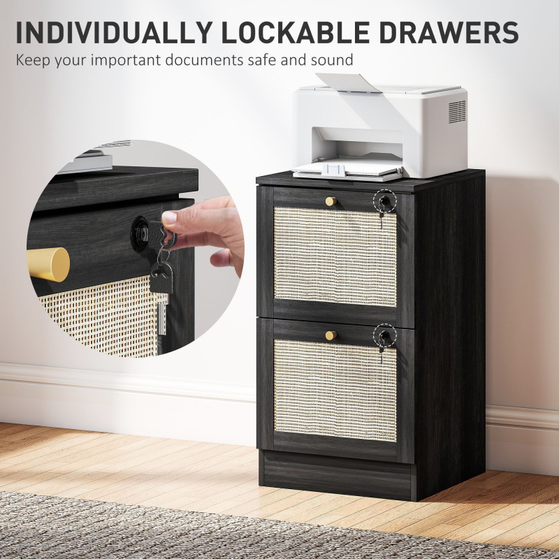 2 Drawer Filing Cabinet with Lock, Boho File Cabinet for A4 Letter Size Files with Decorative Rattan Accents, Black