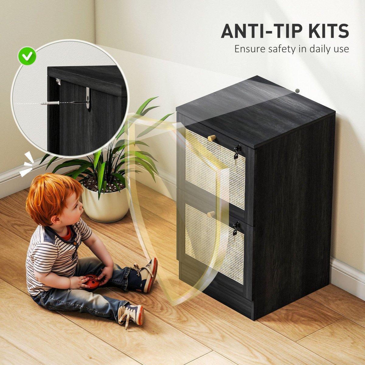 2 Drawer Filing Cabinet with Lock, Boho File Cabinet for A4 Letter Size Files with Decorative Rattan Accents, Black