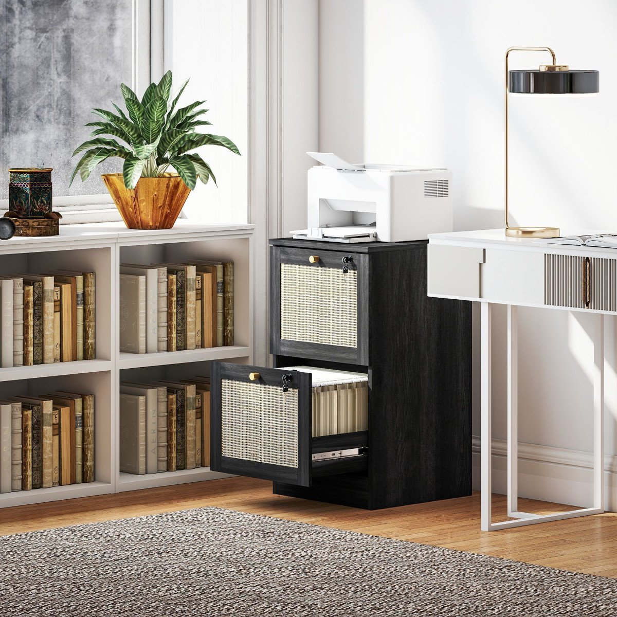 2 Drawer Filing Cabinet with Lock, Boho File Cabinet for A4 Letter Size Files with Decorative Rattan Accents, Black