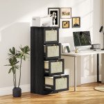 4 Drawer Filing Cabinet with Lock, Boho File Cabinet for A4 Letter Size Files with Decorative Rattan Accents, Black