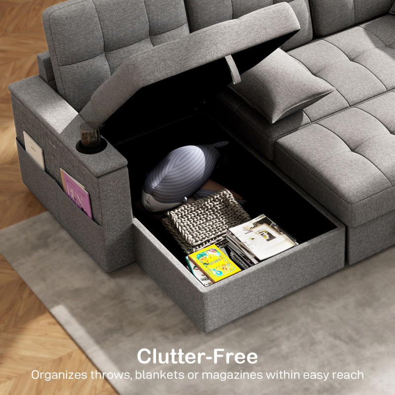 Convertible Sectional Sofa Bed, Pull Out Sleeper Sofa Couch with USB‑A+C, Chaise Storage, L-Shaped Futon Couch, Grey