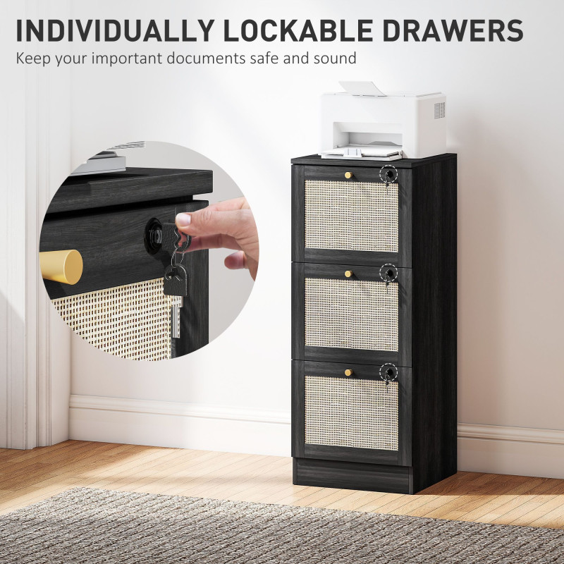 3 Drawer Filing Cabinet with Lock, Boho File Cabinet for A4 Letter Size Files with Decorative Rattan Accents, Black