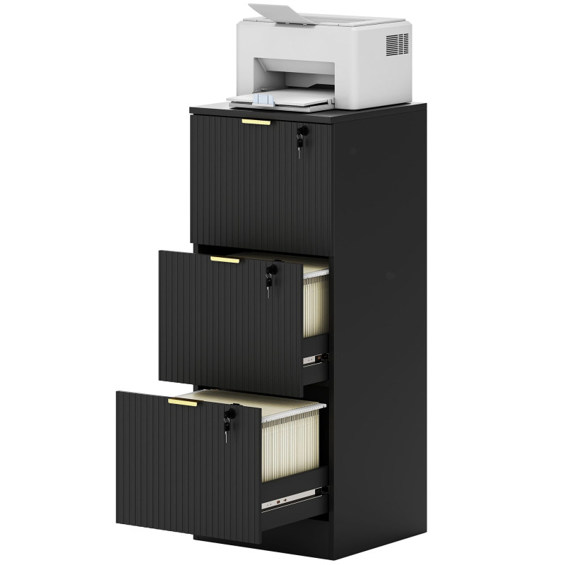 Lockable Filing Cabinet with 3 Fluted Drawers, File Cabinet with Adjustable Hanging Rails for A4 Letter Files, Black
