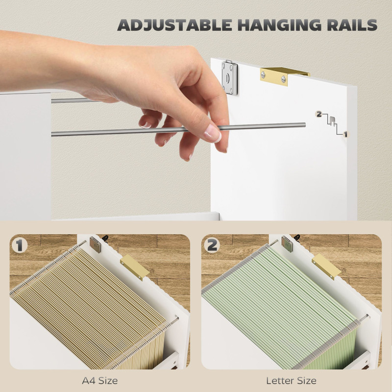 Lockable Filing Cabinet with 3 Fluted Drawers, File Cabinet with Adjustable Hanging Rails for A4 Letter Files, White
