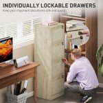 4 Drawer Filing Cabinet with Lock, Boho File Cabinet for A4 Letter Size Files with Decorative Rattan Accents, Oak
