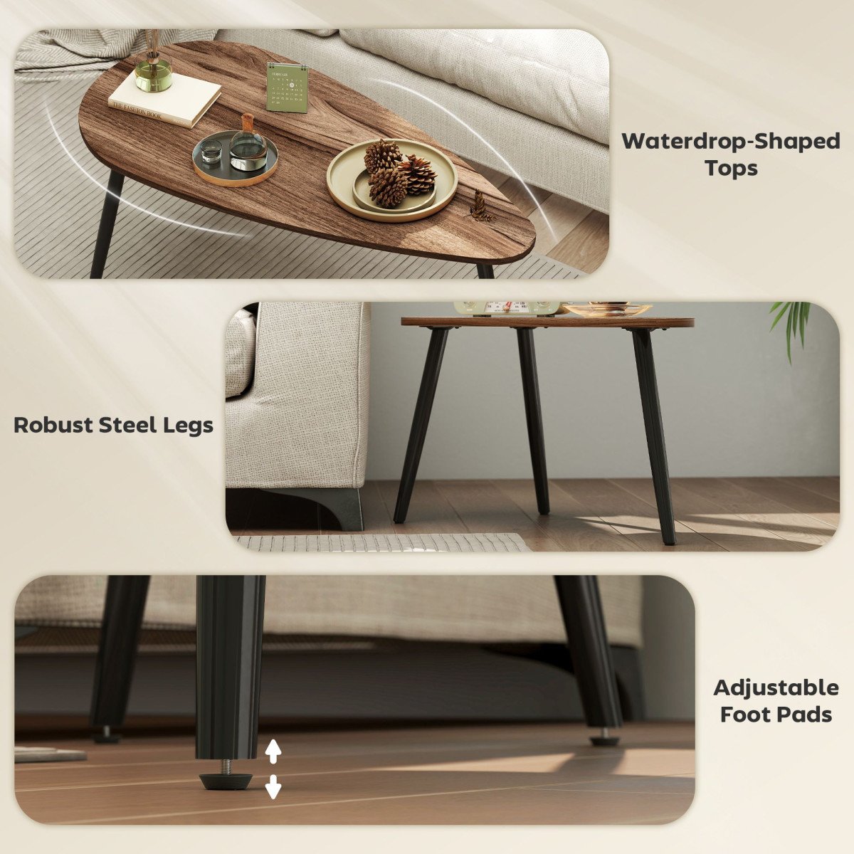 2 Pieces Coffee Table Set for Living Room, Industrial Nest of Tables with Steel Legs, Brown