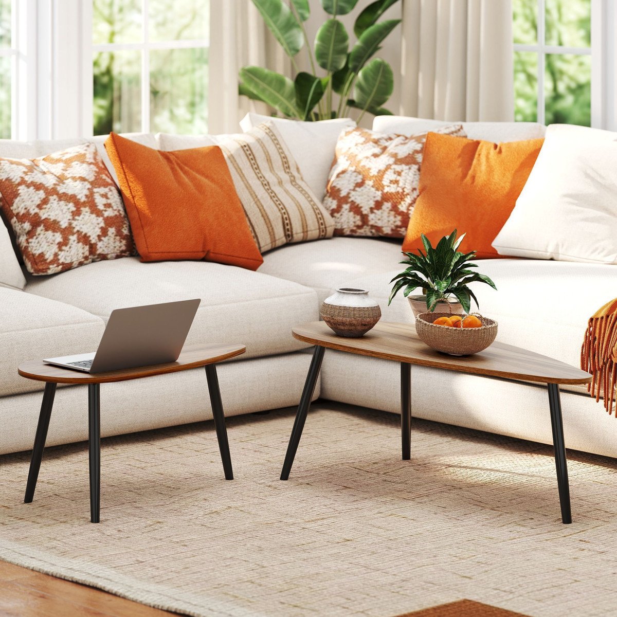 2 Pieces Coffee Table Set for Living Room, Industrial Nest of Tables with Steel Legs, Brown